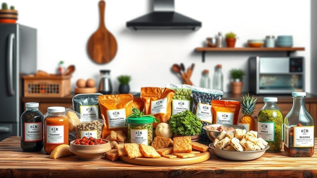 Een variatie aan voedingsproducten met duidelijke allergenenlabels op een houten tafel.