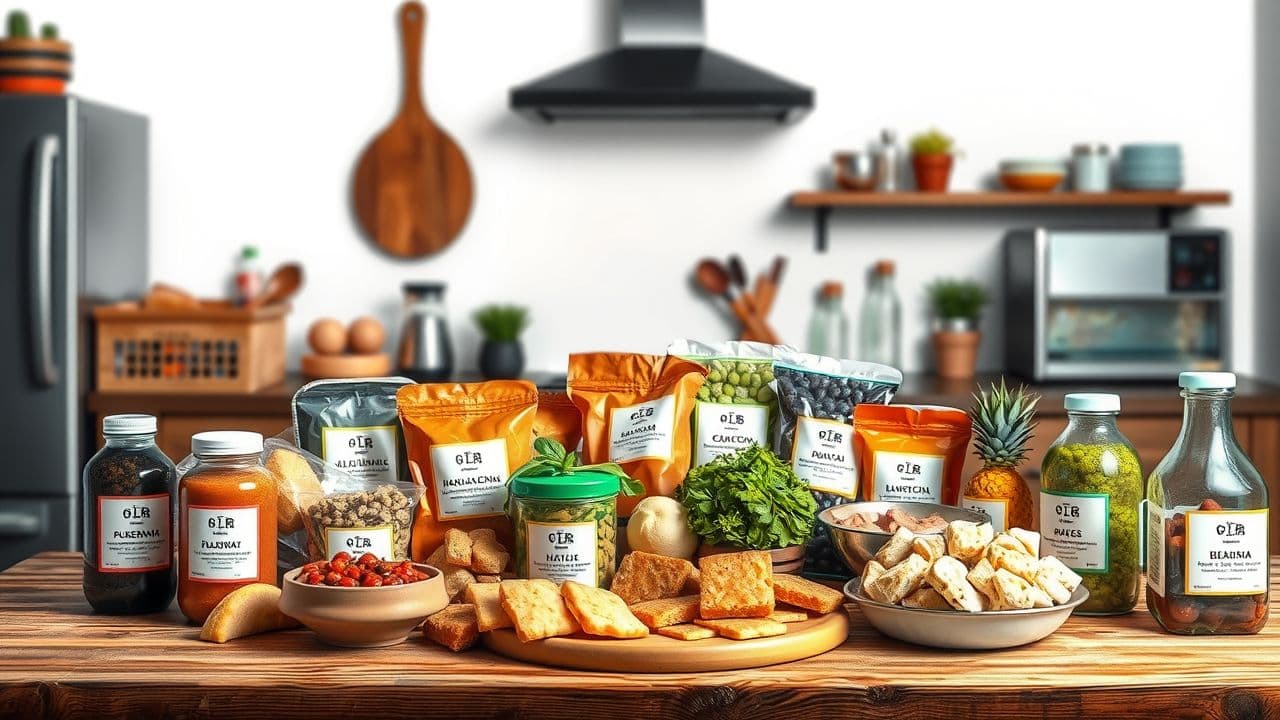 Een variatie aan voedingsproducten met duidelijke allergenenlabels op een houten tafel.