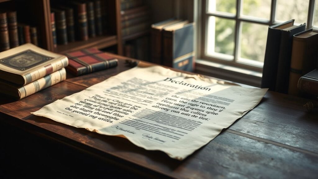 Een afbeelding van de Balfour-verklaring op een houten bureau met oude boeken.