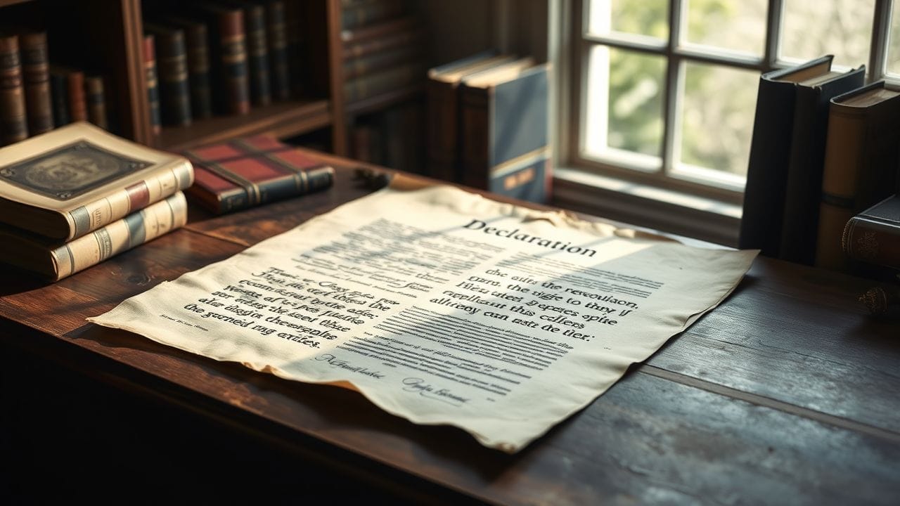 Een afbeelding van de Balfour-verklaring op een houten bureau met oude boeken.