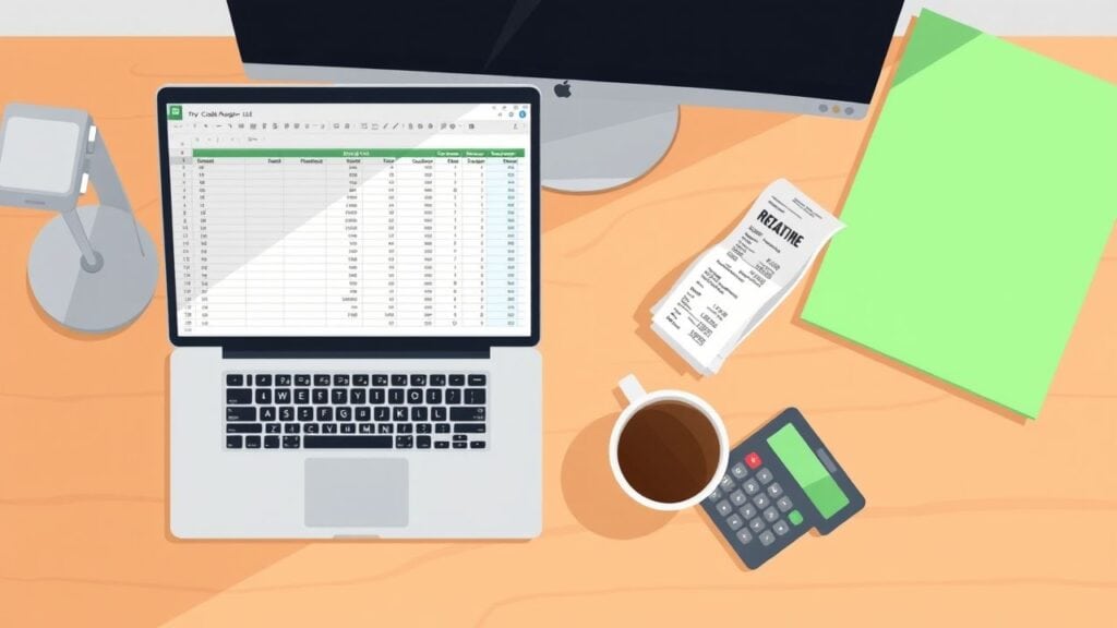 Een opgeruimde werkplek met laptop, rekenmachine en koffiekopje.