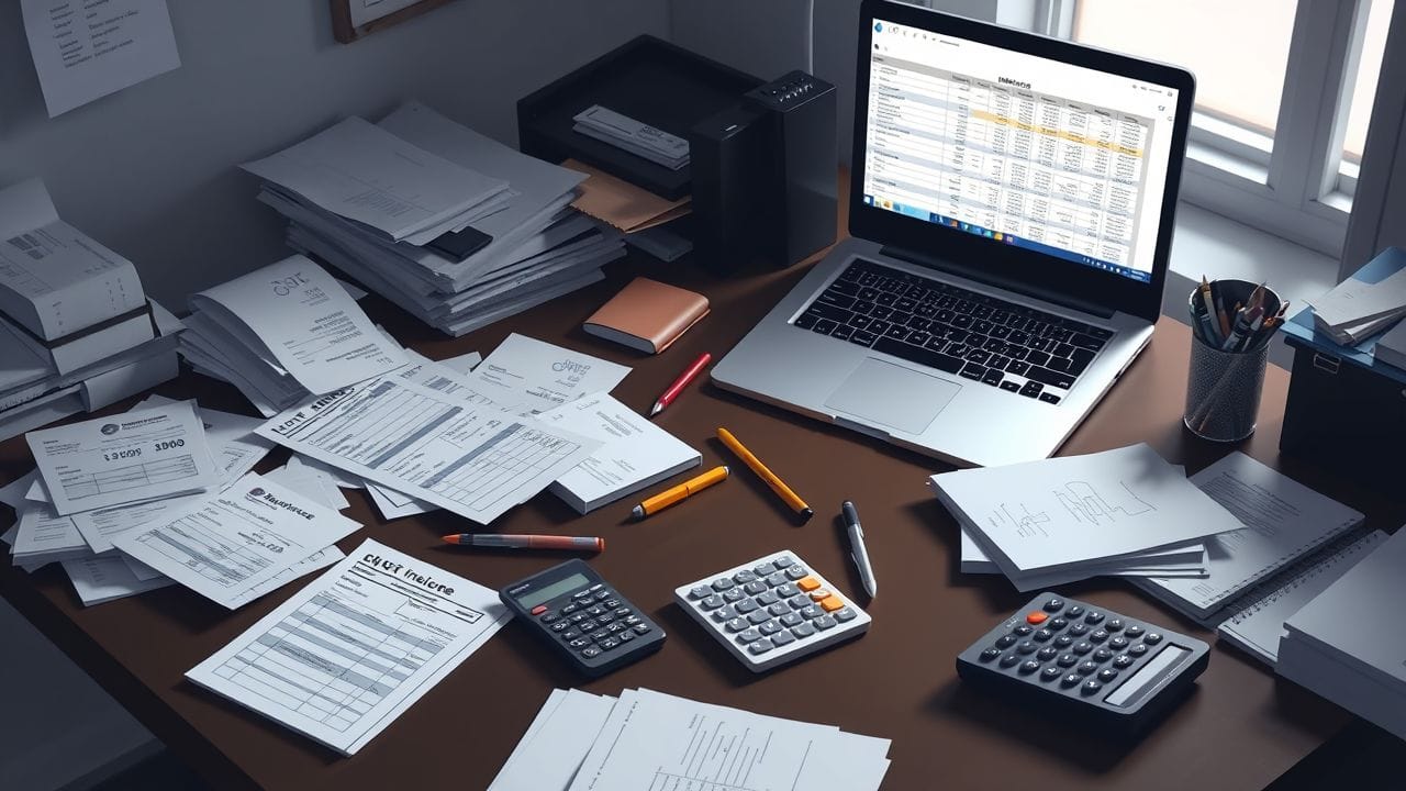 Een rommelig bureau met kantoorbenodigdheden, laptop en papieren.