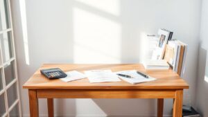 Een huiselijk kantoor met een rommelig bureau en Nederlandse referentiematerialen.