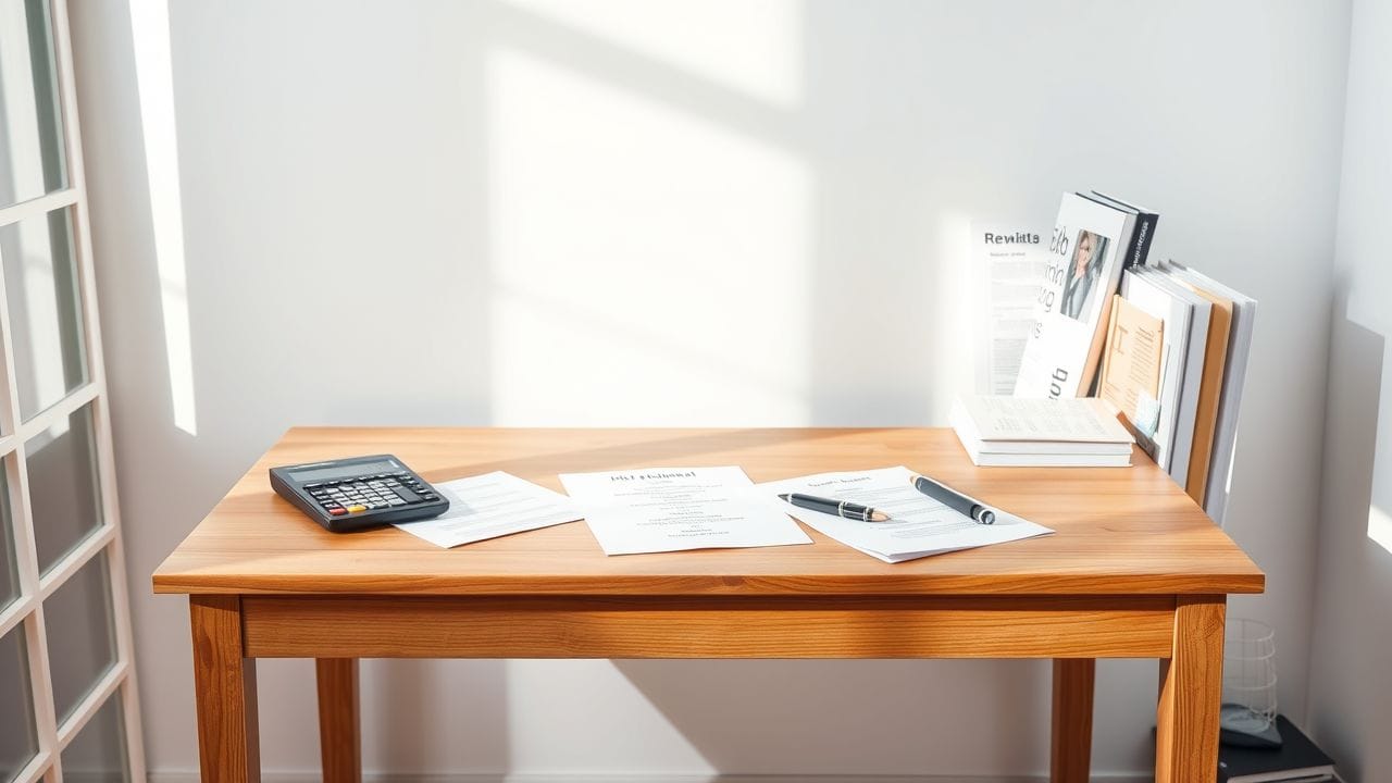 Een huiselijk kantoor met een rommelig bureau en Nederlandse referentiematerialen.