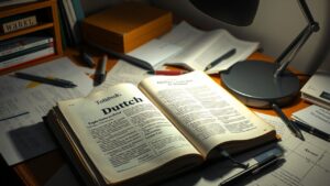 Een open Nederlands lesboek op een rommelig bureau.