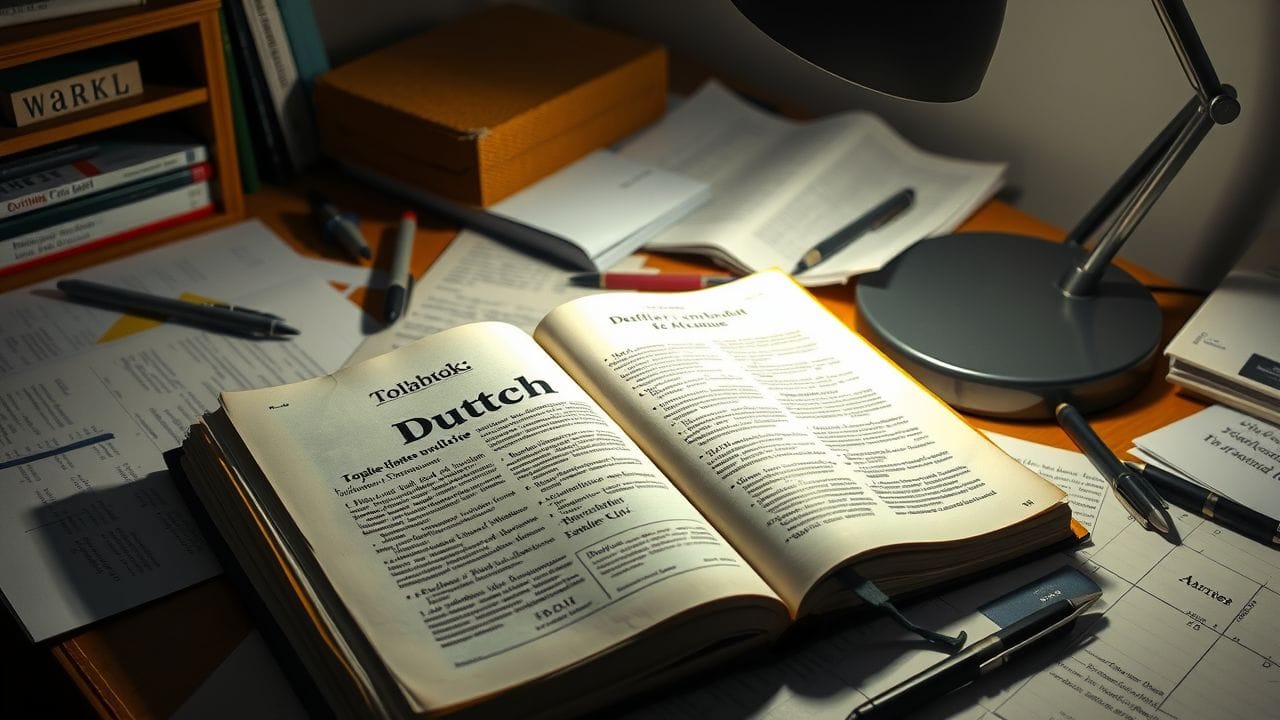 Een open Nederlands lesboek op een rommelig bureau.