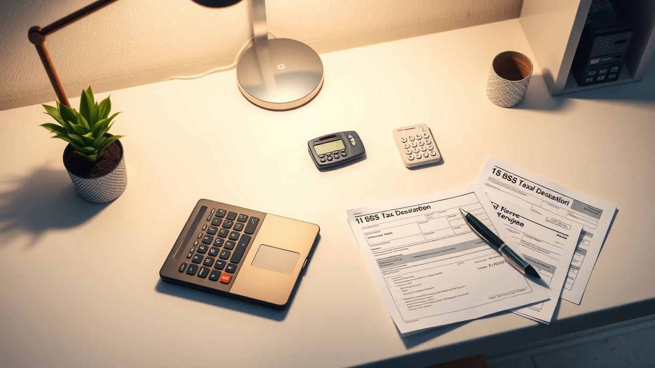 Een opgeruimd thuiskantoor met belastinggerelateerde documenten en een laptop.