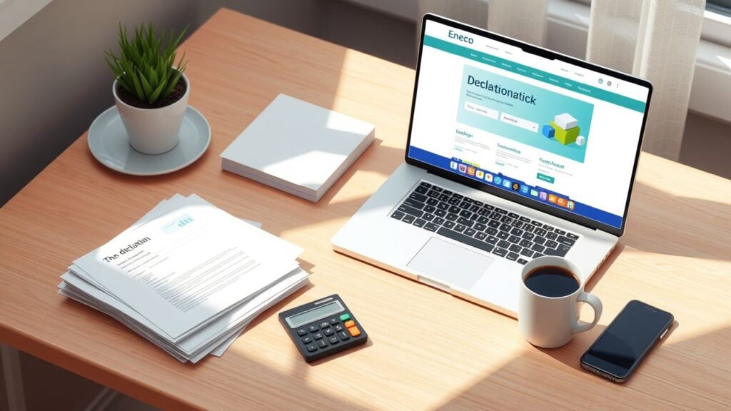 Een opgeruimd bureau met laptop en documenten voor Eneco werk.