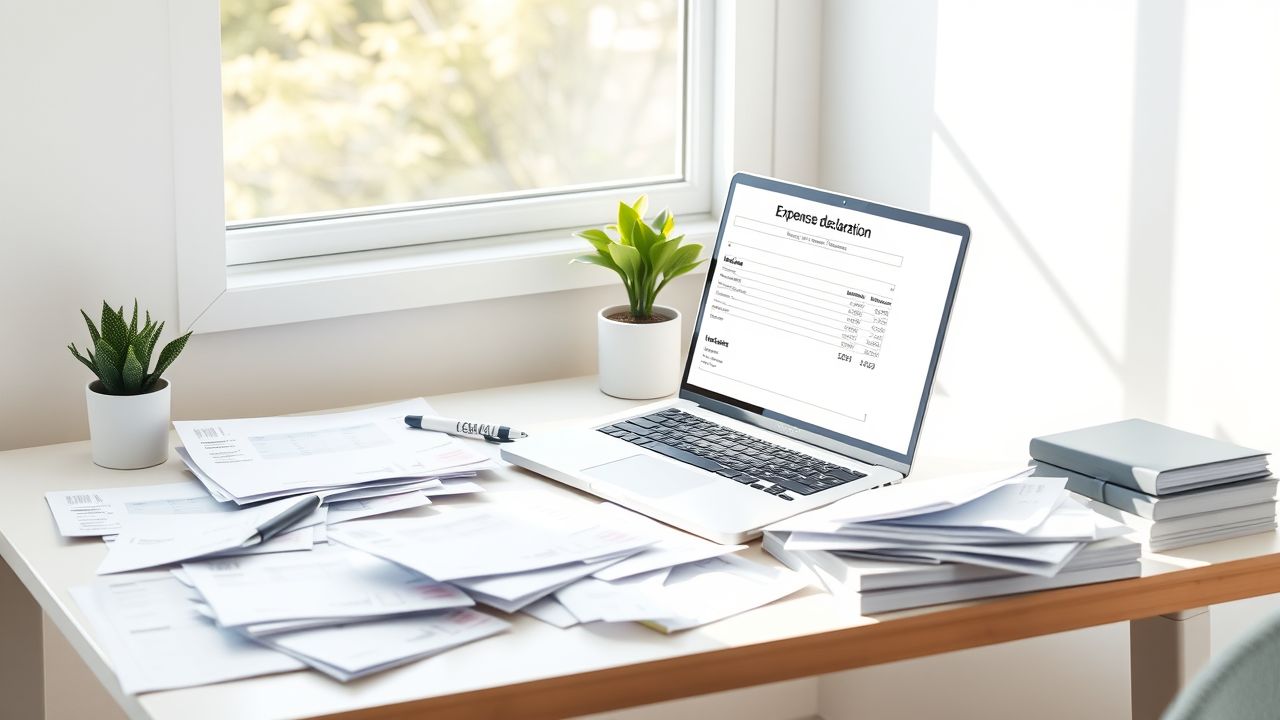 Een moderne kantoorwerkplek met een rommelig bureau en open laptop.