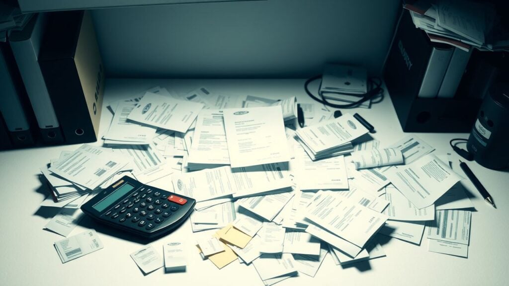 Een rommelig bureau met verspreide rekeningen en bonnetjes.