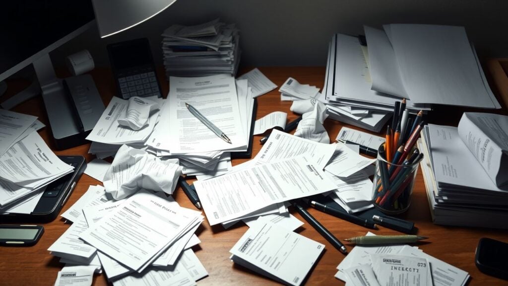 Een rommelig kantoorbureau benadrukt de noodzaak van efficiëntere onkostenformulieren.