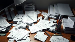 Een rommelig kantoorbureau benadrukt de noodzaak van efficiëntere onkostenformulieren.