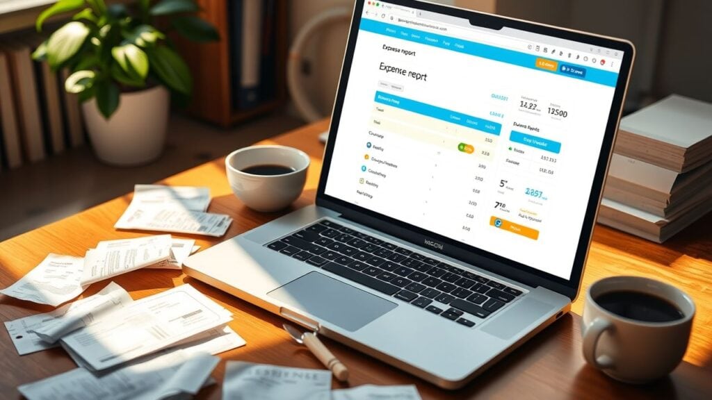 Een laptop met een onkostenrapportage website, omringd door bonnetjes en koffie.