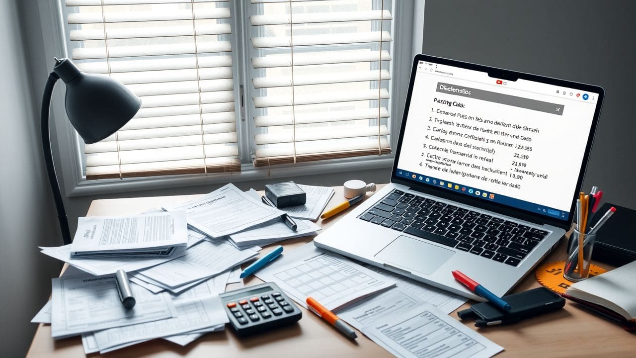 Een rommelig bureau met financiële documenten, laptop en rekenmachine.