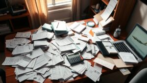 Een rommelig thuiskantoor met reisuitgaven in chaos.