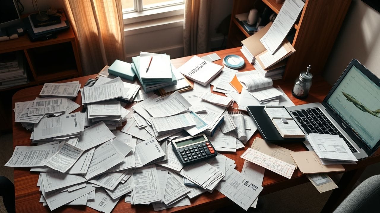 Een rommelig thuiskantoor met reisuitgaven in chaos.