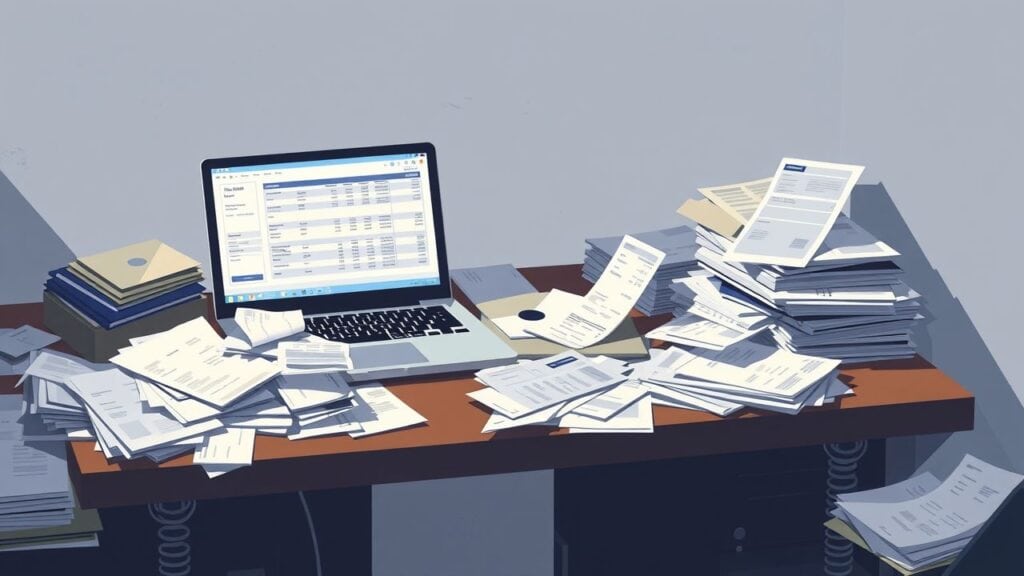 Een rommelig bureau met financiële documenten en een laptop.
