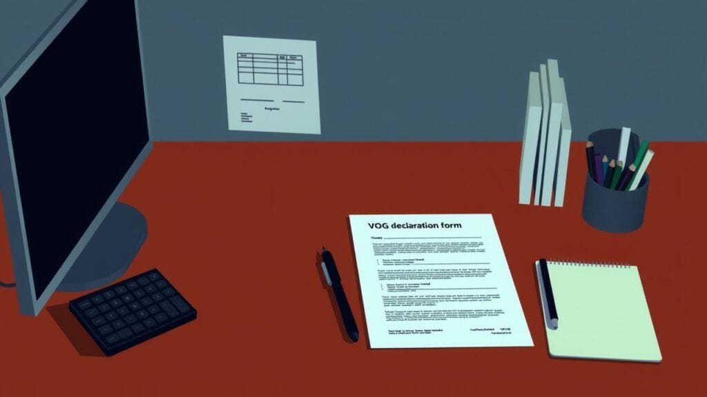 Een kantoorbureau met computer, calculator en georganiseerde papieren, inclusief VOG-verklaring.