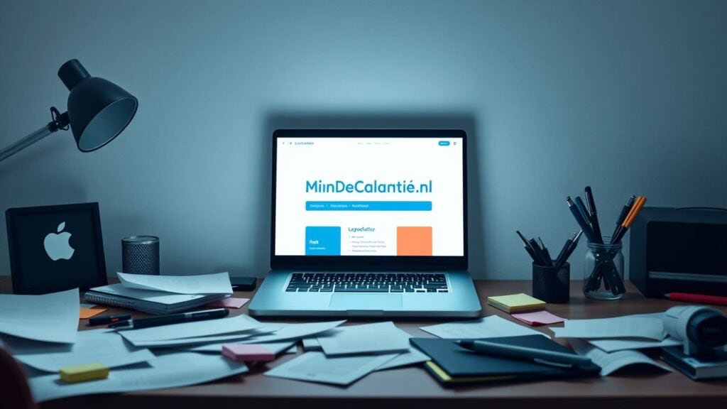 Een rommelig thuiskantoor met open laptop en papieren op het bureau.