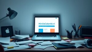 Een rommelig thuiskantoor met open laptop en papieren op het bureau.