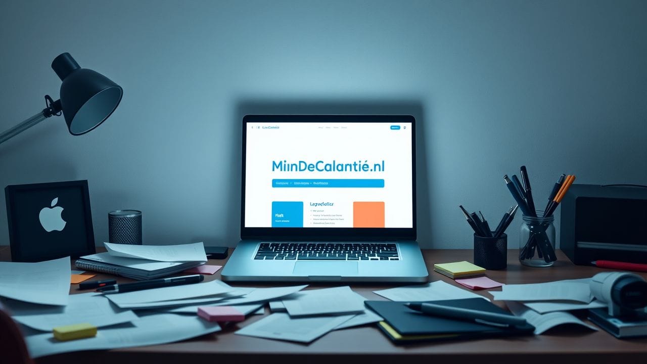 Een rommelig thuiskantoor met open laptop en papieren op het bureau.