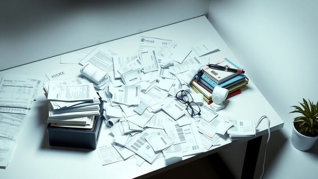 Een rommelig bureau met ongeorganiseerde uitgaven en papieren.