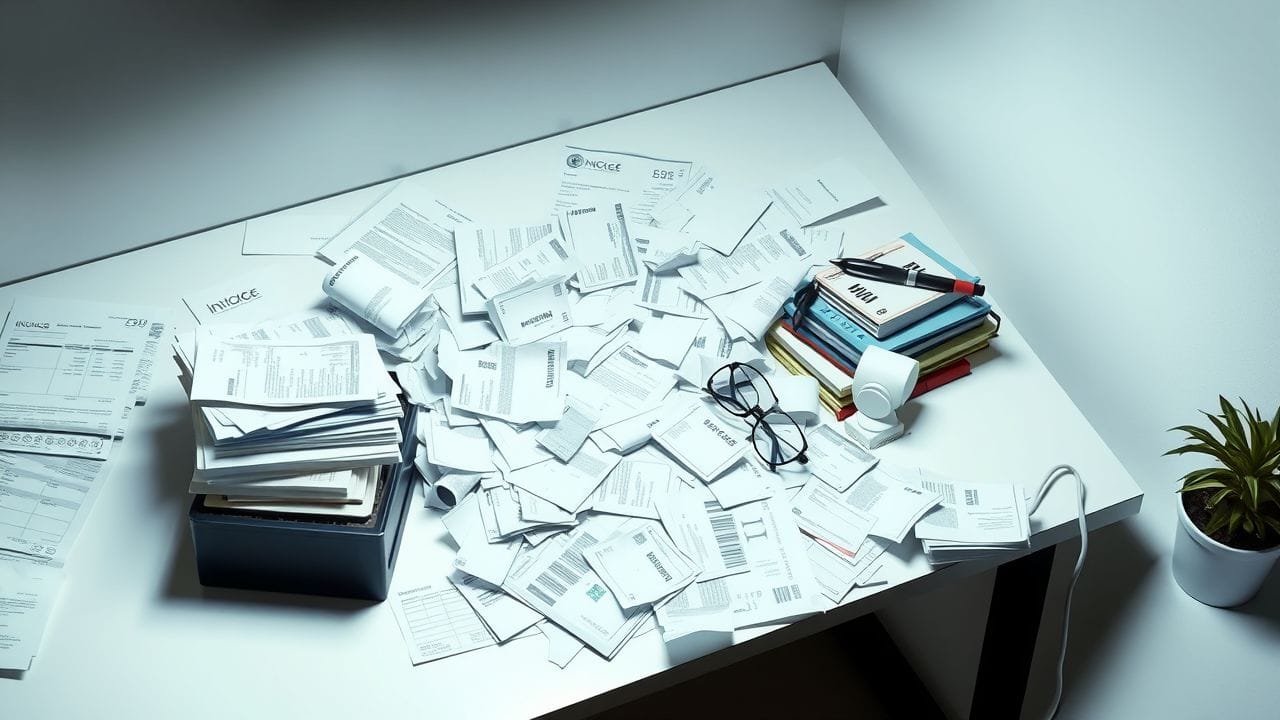 Een rommelig bureau met ongeorganiseerde uitgaven en papieren.