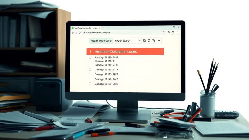 Een rommelig kantoor met een computer die gezondheidsverklaringscodes doorzoekt.