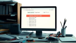 Een rommelig kantoor met een computer die gezondheidsverklaringscodes doorzoekt.