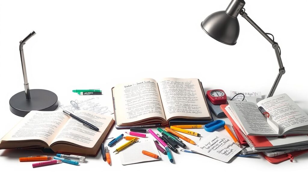 Een rommelig bureau met studiematerialen en notities.