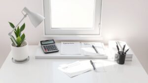 Een opgeruimde werkplek met uitgavenformulieren, rekenmachine en bonnetjes.