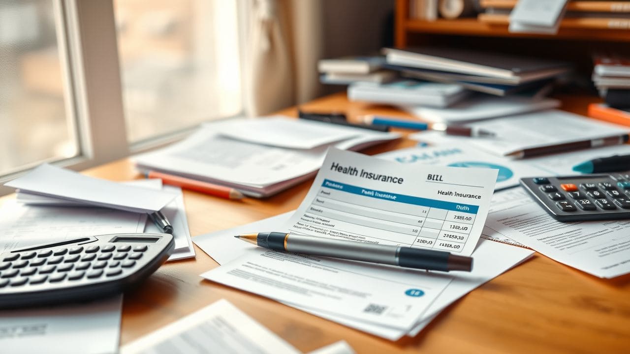 Een rommelig bureau met een gezondheidsverzekeringsrekening en documenten.