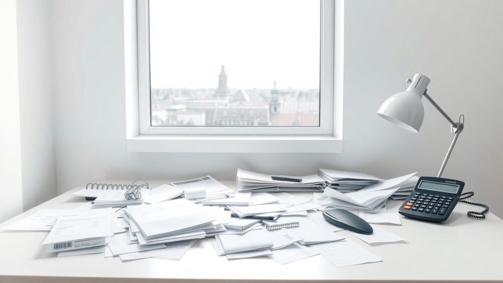 Een rommelig bureau met rekeningen en facturen tegen een achtergrond van een Nederlandse stad.