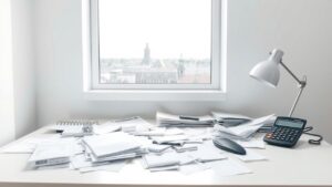 Een rommelig bureau met rekeningen en facturen tegen een achtergrond van een Nederlandse stad.