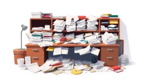 Een rommelig kantoorbureau met stapels papierwerk en financiële documenten.