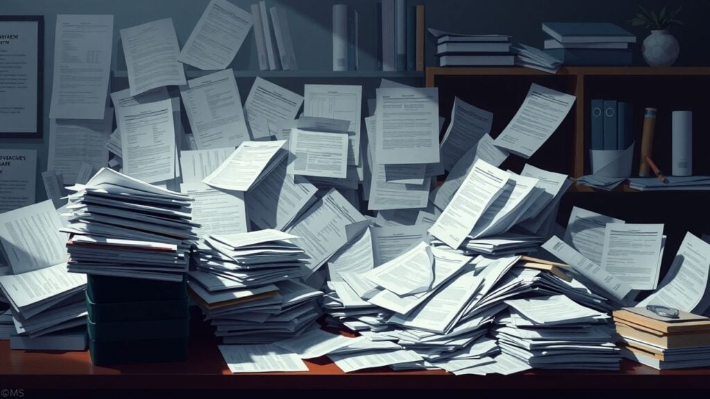 Een rommelig bureau vol met overheidsdocumenten en bonnetjes.