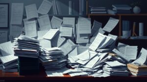 Een rommelig bureau vol met overheidsdocumenten en bonnetjes.