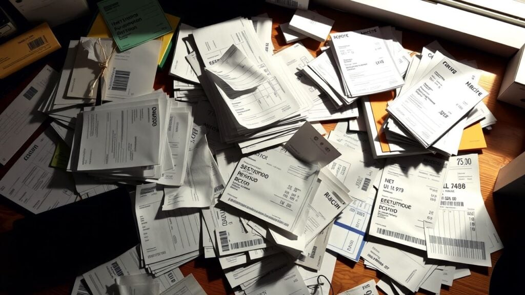 Een rommelig bureau met uitgaven en bonnetjes.