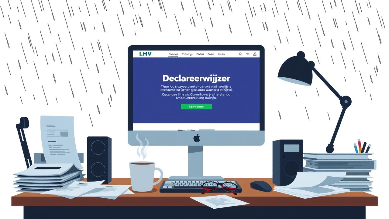 Een rommelig kantoor bureau met computer, koffie en papierwerk.