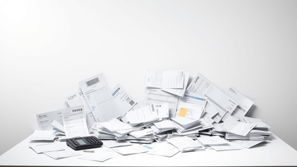 Een rommelig bureau met verspreide papieren en rekenmachine.