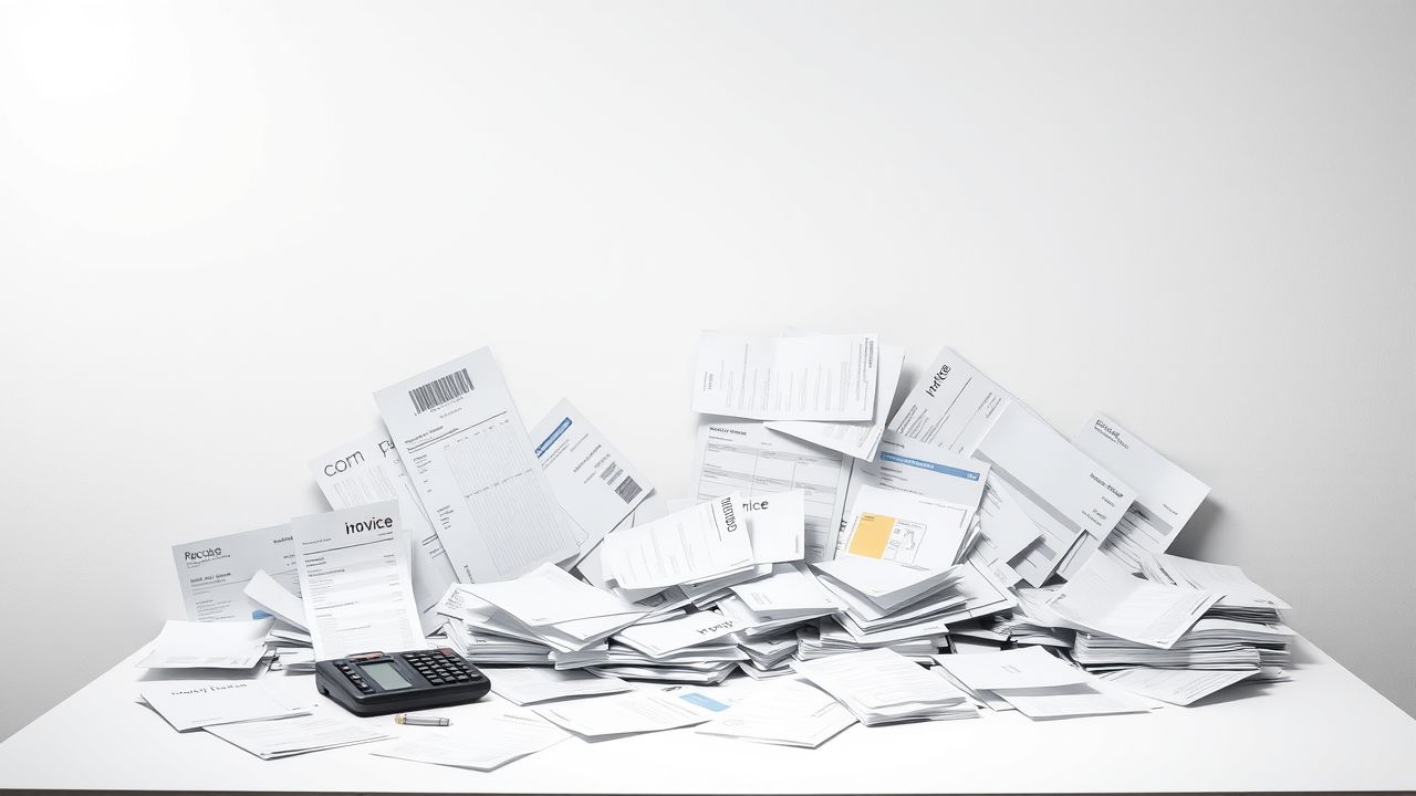 Een rommelig bureau met verspreide papieren en rekenmachine.