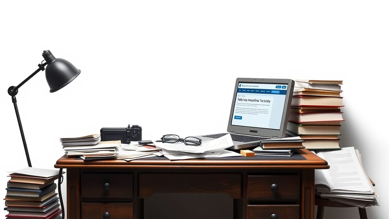 Een rommelig en chaotisch bureau met ouderwetse laptop en papieren.