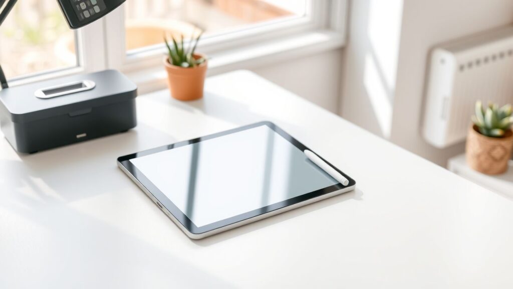 Een modern bureau met een elektronische tablet en digitale pen.