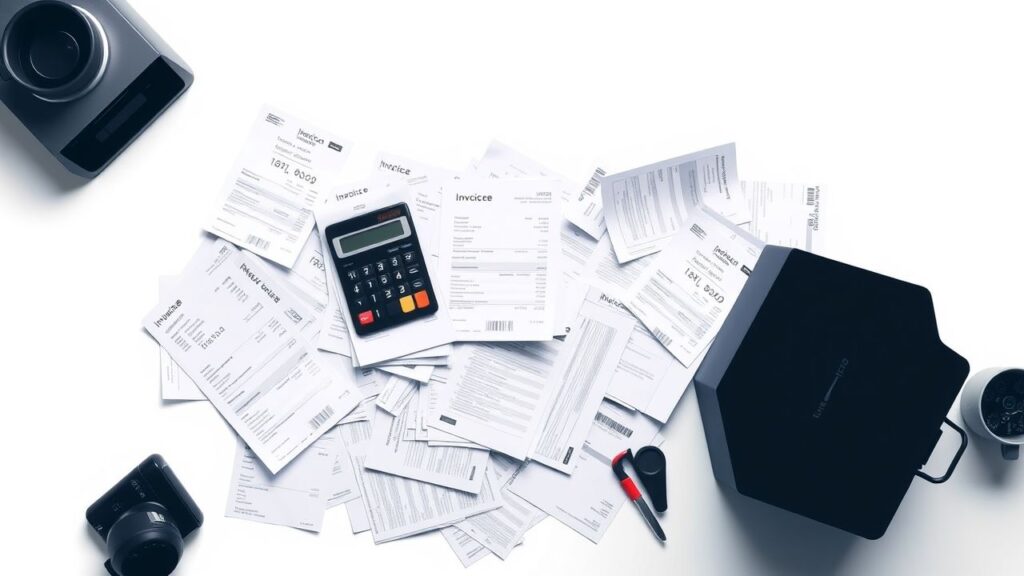 Een rommelig bureau met financiële documenten en rekenmachine.