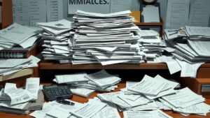 Een rommelig bureau met stapels papieren en chaos.