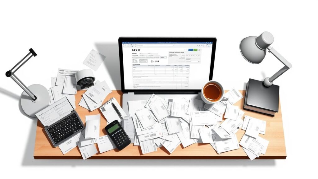 Een rommelig thuiskantoor met verspreide bonnetjes en belastingformulieren op het bureau.