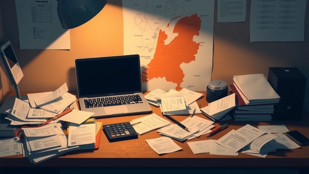 Een rommelig bureau met een laptop, calculator en papierwerk.