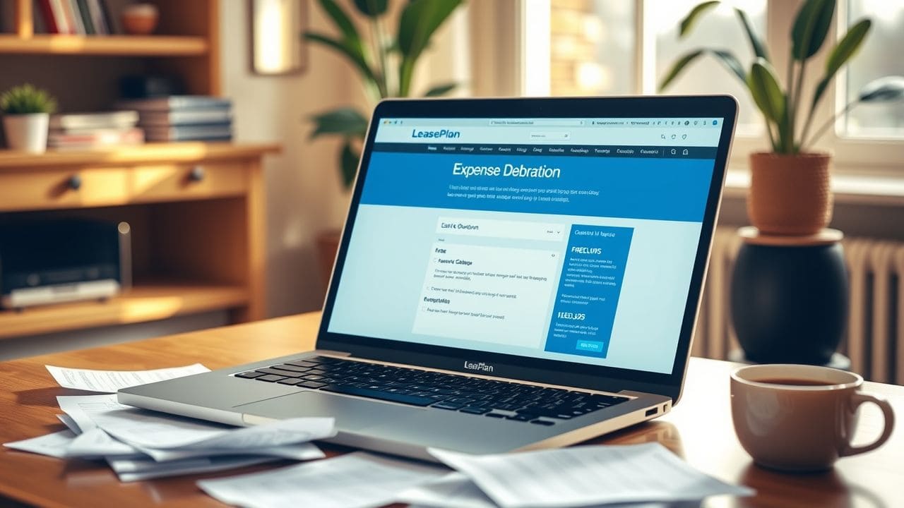 Een open laptop toont de LeasePlan-website met bonnen en koffie.