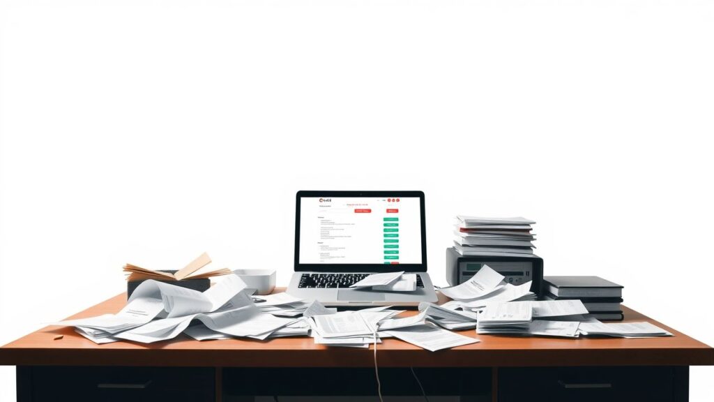 Een rommelig kantoor met verspreide papieren en een open laptop.