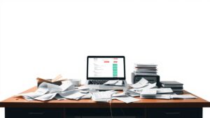 Een rommelig kantoor met verspreide papieren en een open laptop.